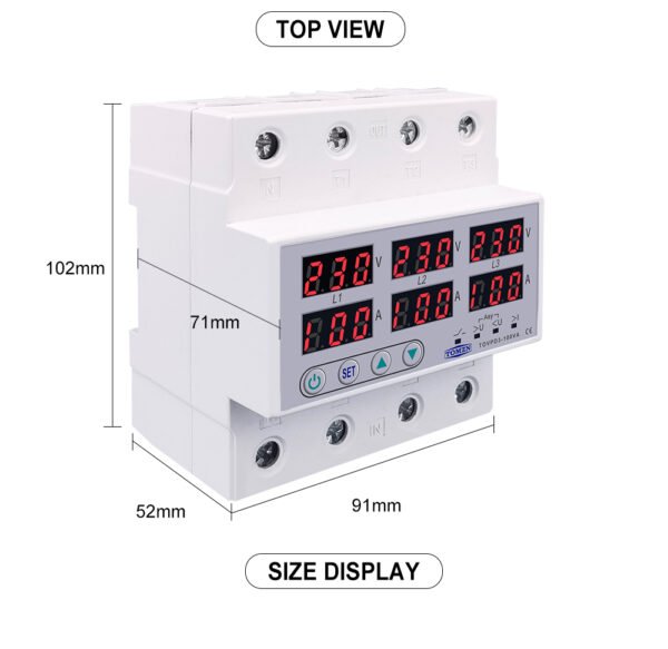 3 Phase 100A, VA Control Device, TOMZN Din rail, adjustable Over Under Voltage, current limit protection, Relay, VA Protector 4P By Reliable Electric - Image 3