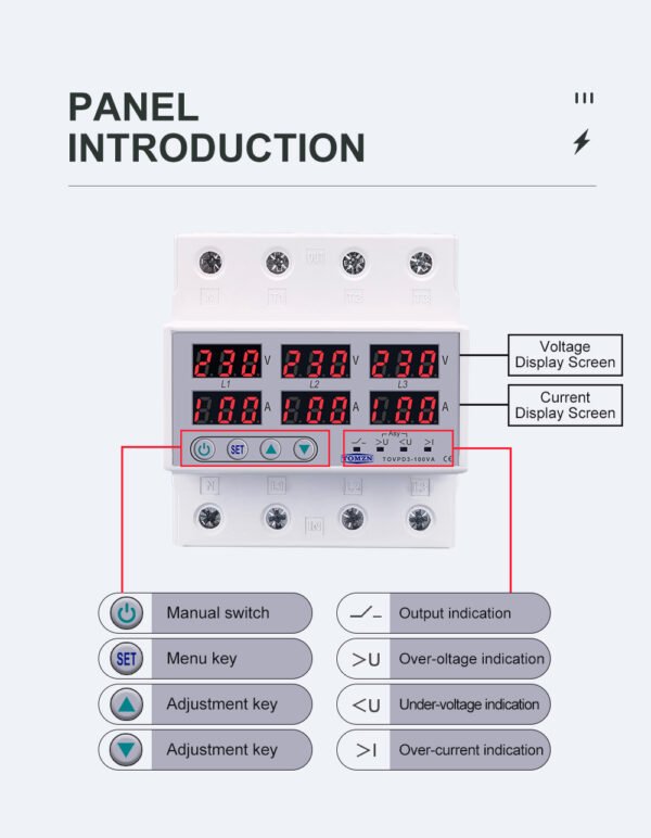 3 Phase 100A, VA Control Device, TOMZN Din rail, adjustable Over Under Voltage, current limit protection, Relay, VA Protector 4P By Reliable Electric - Image 4