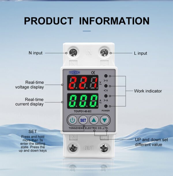 2P VA 63A, VA Control Device, TOMZN Din rail, adjustable Over Under Voltage, current limit protection, Relay, VA Protector 2P By Reliable Electric - Image 3