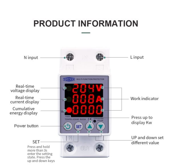 2P VA KWh 63A, VA KWh Control Device, TOMZN Din rail, kwh energy merter, adjustable Over Under Voltage, current limit protection, Relay, VA KWh Protector 2P By Reliable Electric - Image 4